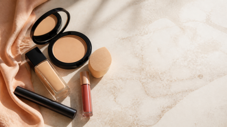 Everyday makeup products flat lay