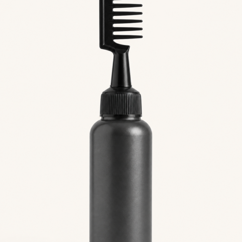 Precision hair oil applicator comb with dark refillable bottle and wide-tooth comb nozzle