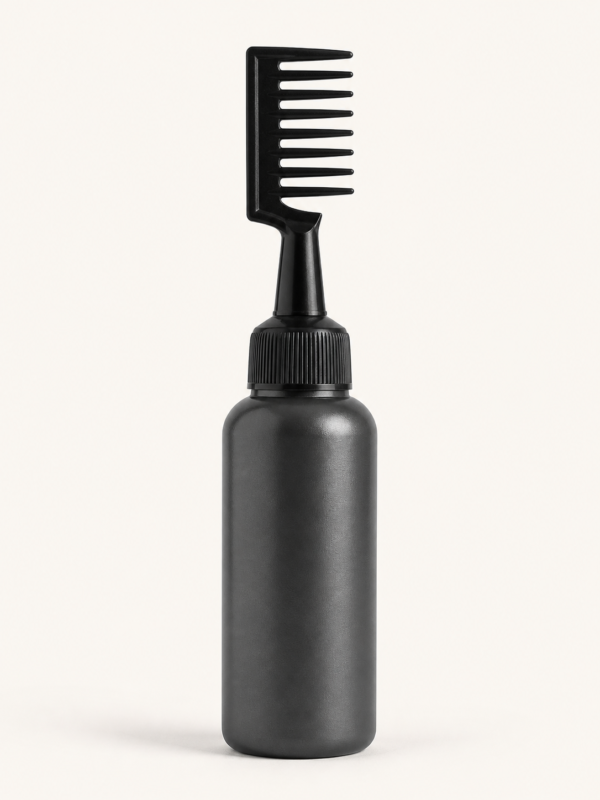 Precision hair oil applicator comb with dark refillable bottle and wide-tooth comb nozzle