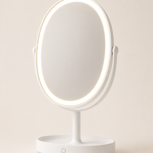 Rechargeable LED vanity mirror with illuminated oval frame and white tabletop base