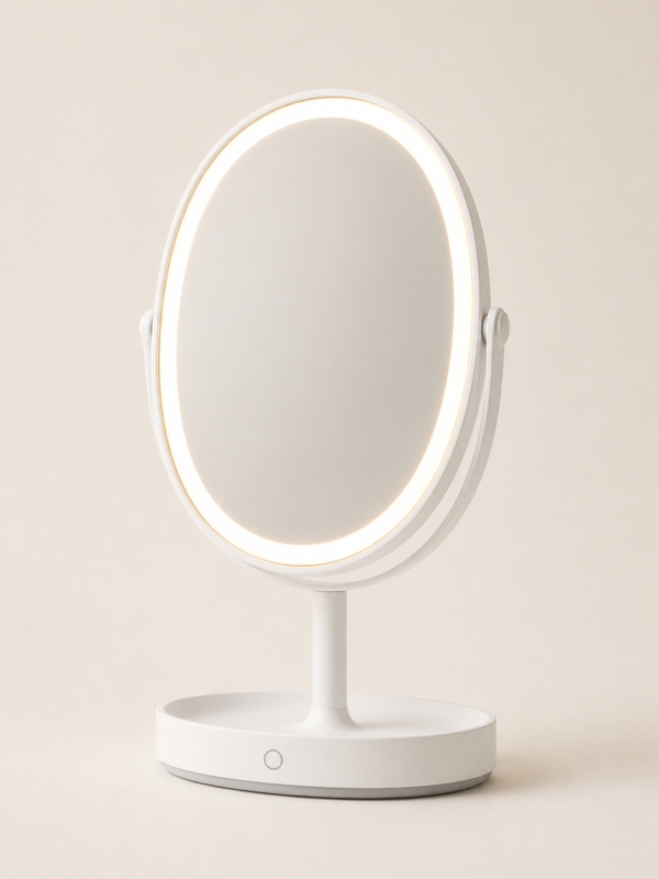 Rechargeable LED vanity mirror with illuminated oval frame and white tabletop base